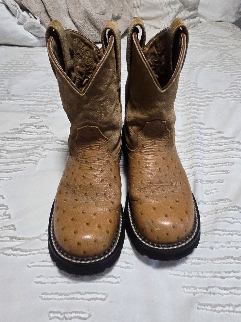 Ariat Fatbaby Ostrich Print Western Work Boots Women's 6.5 Brown Leather Pull On